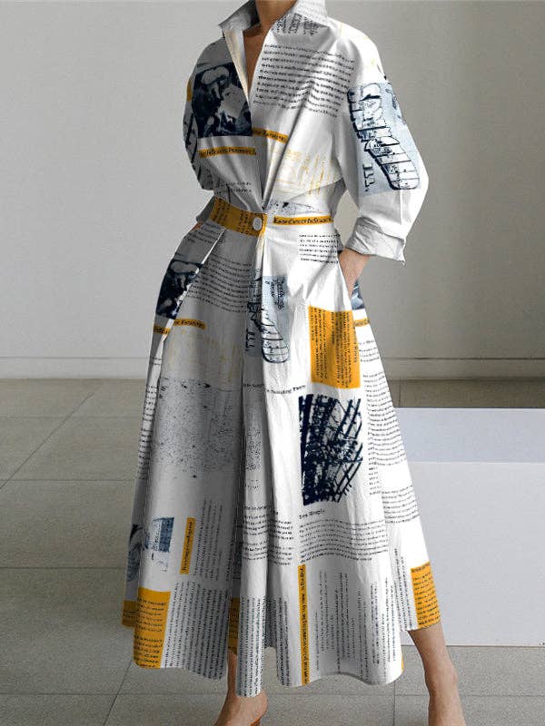 Newspaper Waist Midi Dress: YELLOW / XL