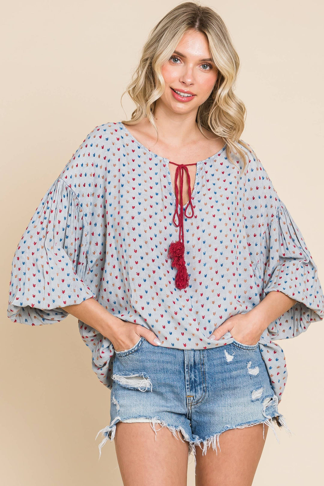 HD-495-1 MULTI COLOR EMBROIDERY MINERAL WASHED WOVEN TOP