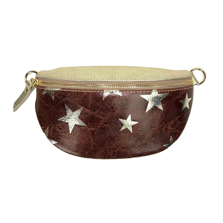 Metallic Leather Waist Bag with Star Print: Brown