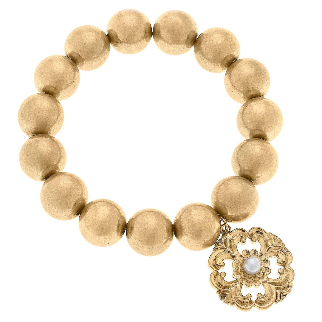CANVAS Style - Marquette Acanthus & Pearl Charm Beaded Stretch Bracelet in Worn Gold