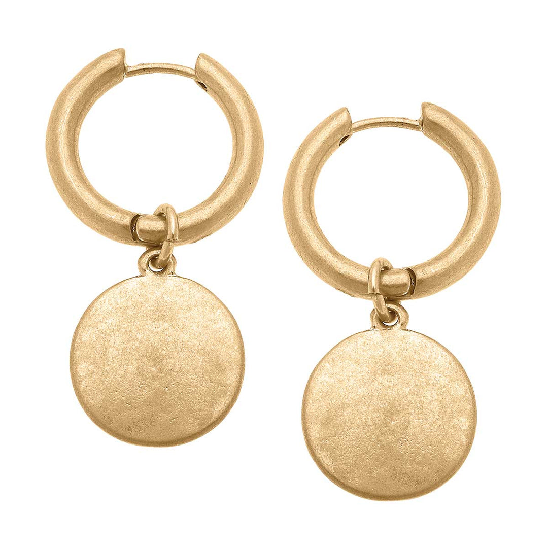 Hattie Disc Drop Hoop Earrings in Worn Gold