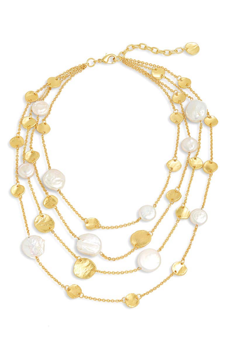 - Coin and flat pearl multi strand necklace