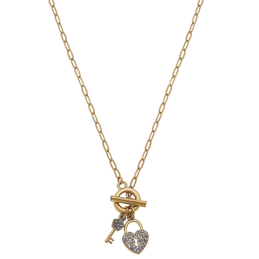 Avril Pavé Lock & Key T-Bar Necklace in Worn Gold