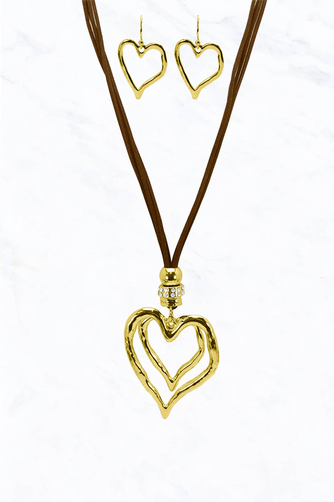 Heart Charm Cord Necklace Brown Gold