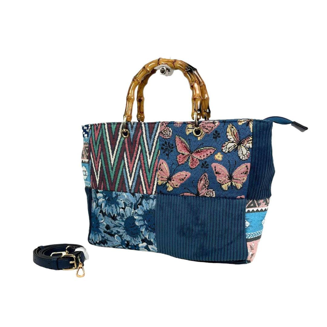 Amplio Bolso de Tela con Asas de Nácar Estilo Bambú. Verano