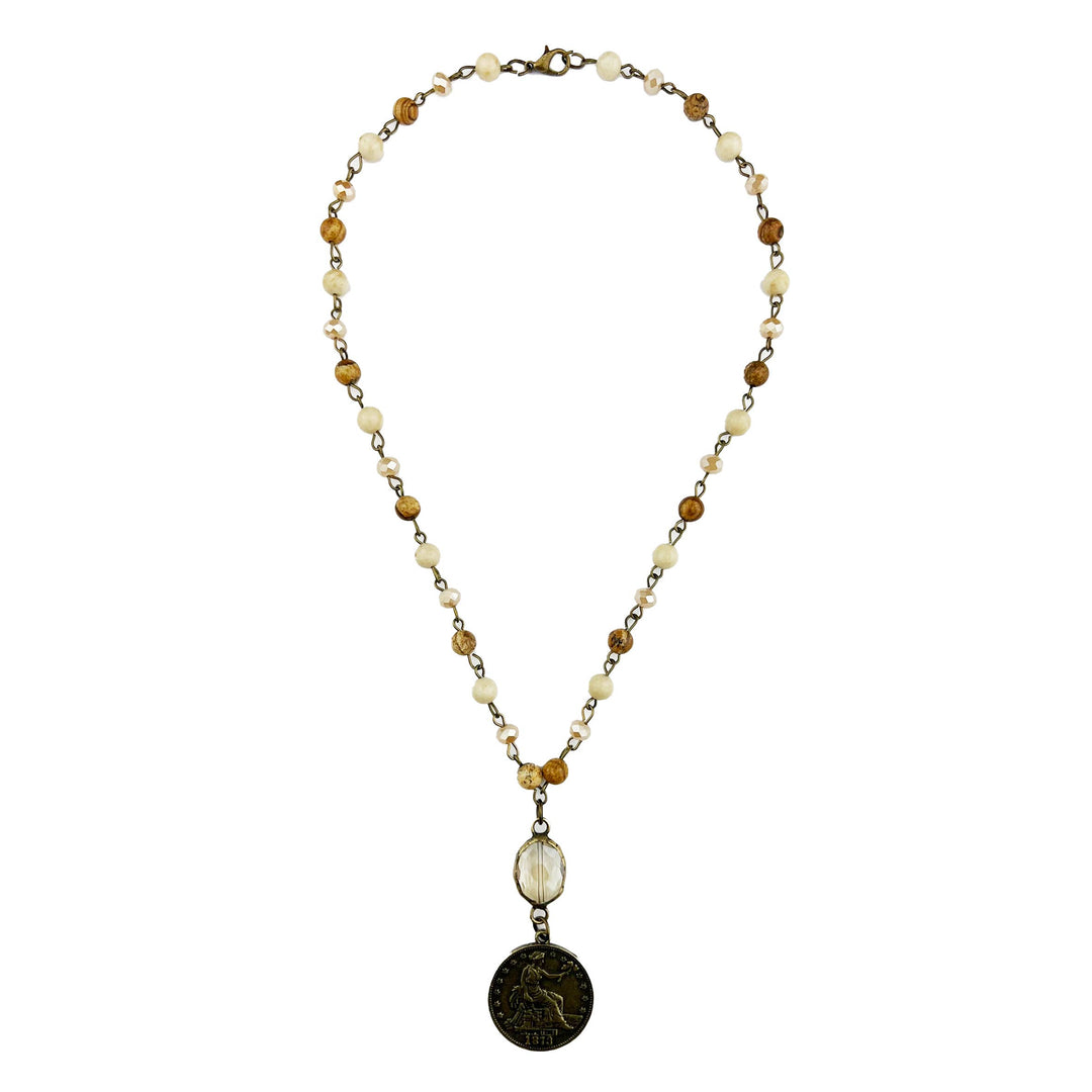 Metal Coin and Oval Crystal Pendant Neck