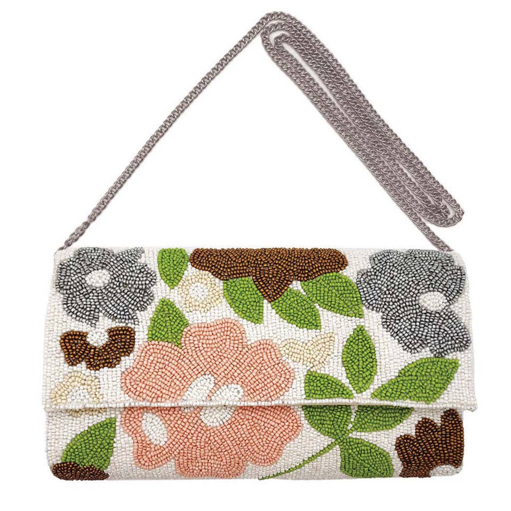 Fashion City - Seed Beaded Flower Designed Clutch with Chain