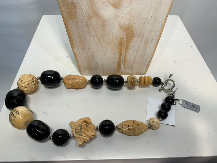 Semi Precious Onyx and Wood One of a Kind Necklace Made in California.