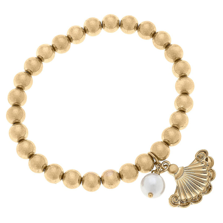 Brigitte French Fan & Pearl Charm Ball Bead Stretch Bracelet in Worn Gold