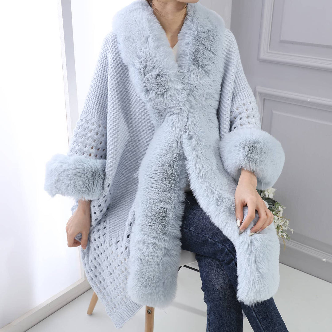 PE364 Hand knitted crochet fur trim cape: Baby Blue