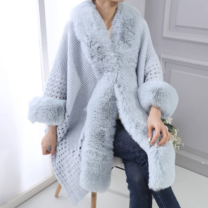 PE364 Hand knitted crochet fur trim cape: Baby Blue