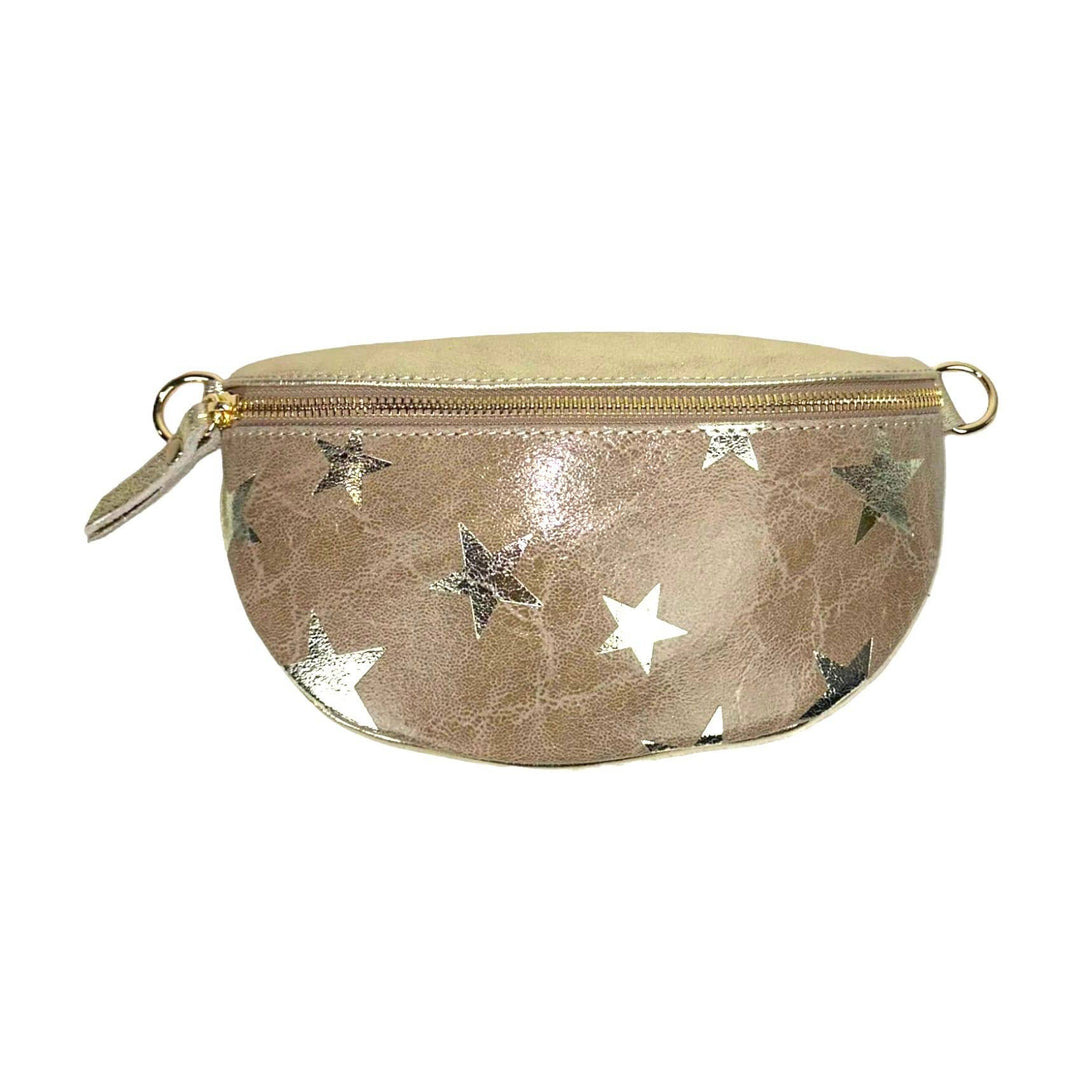 Metallic Leather Waist Bag with Star Print: Taupe