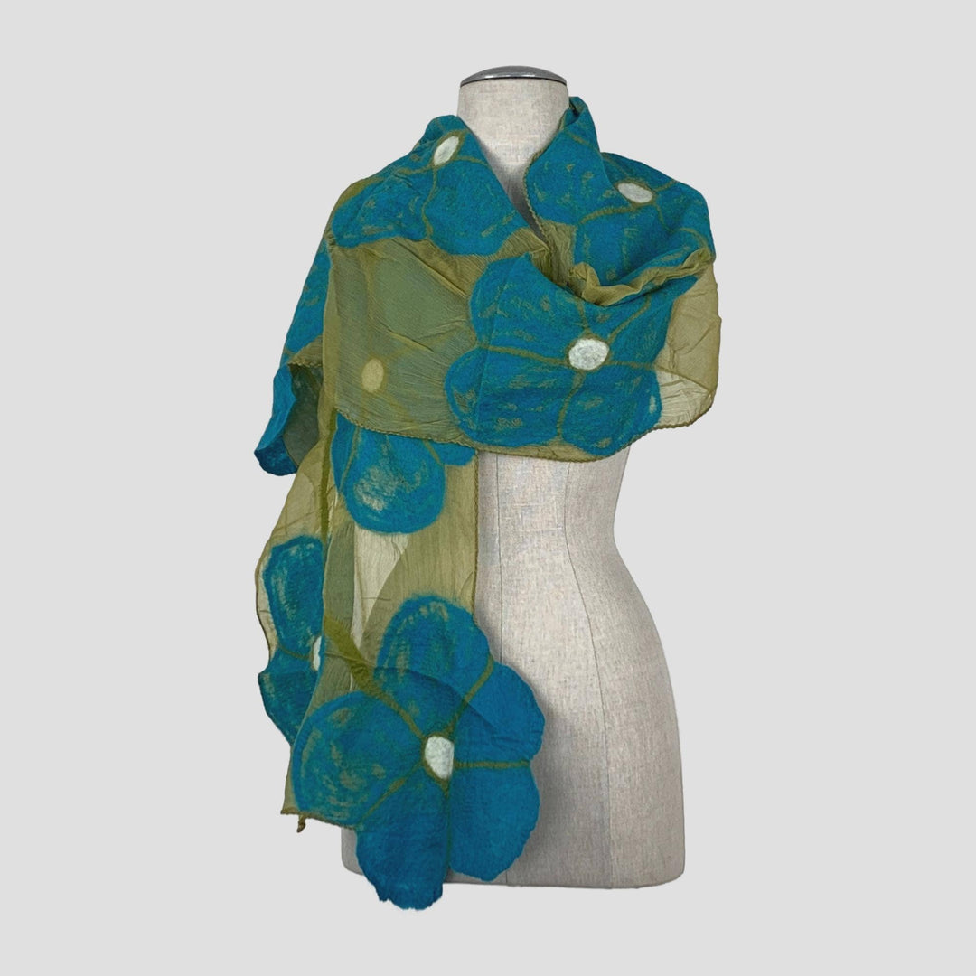 Beige On Turquoise Flower Wet Felt Scarf