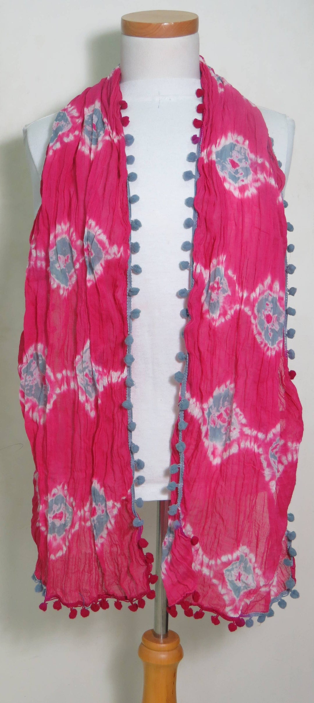 Hand Tie dye 100% Cotton Scarf pom pom edge  pink grey