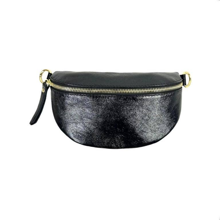 Metallic Leather Waist Bag: Black