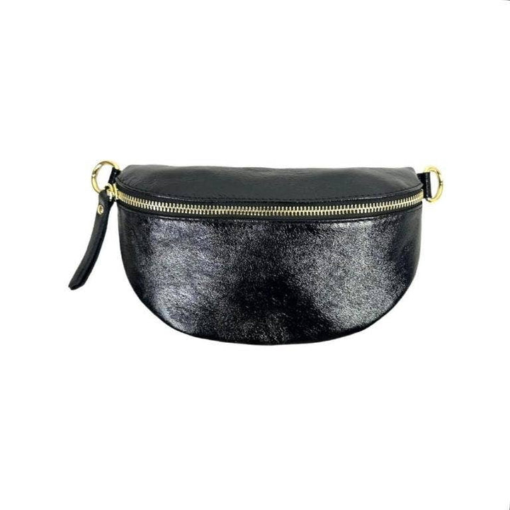 Metallic Leather Waist Bag: Black