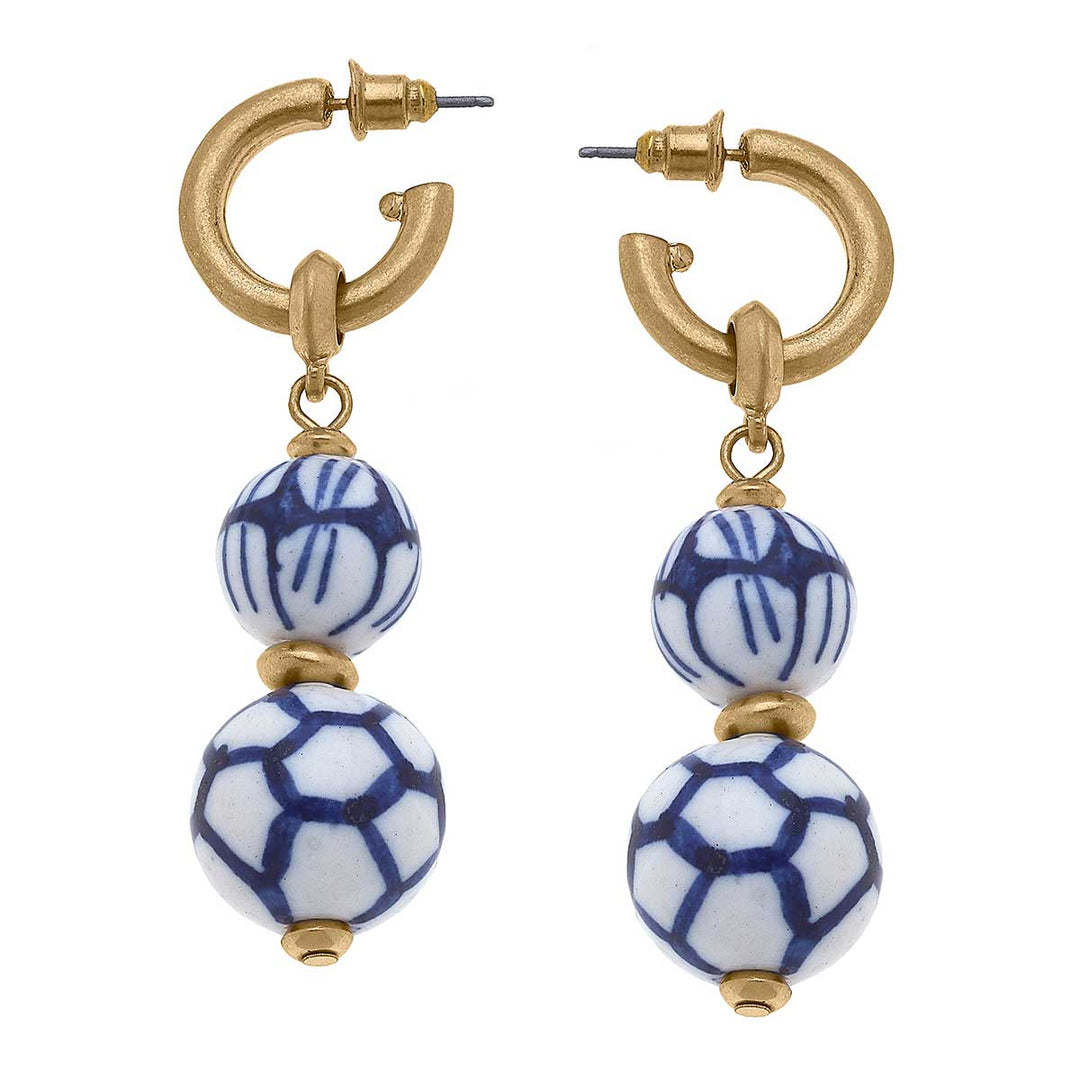 Lillian Chinoiserie Drop Hoop Earrings in Blue & White