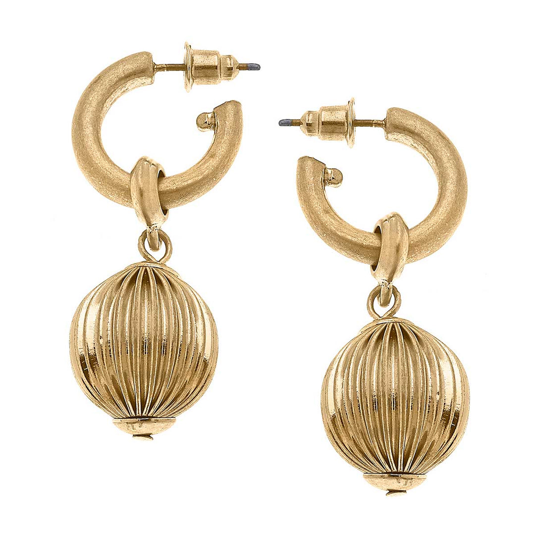 Willa Ribbed Metal Drop Hoop Earrings in Worn Gold