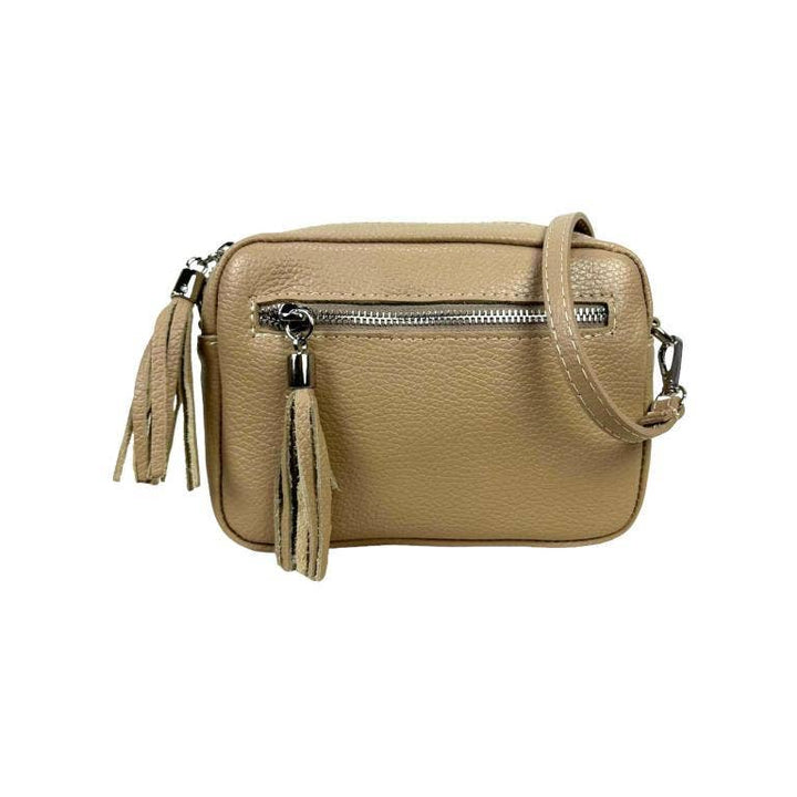 Leather shoulder bag with fringes: Toupe